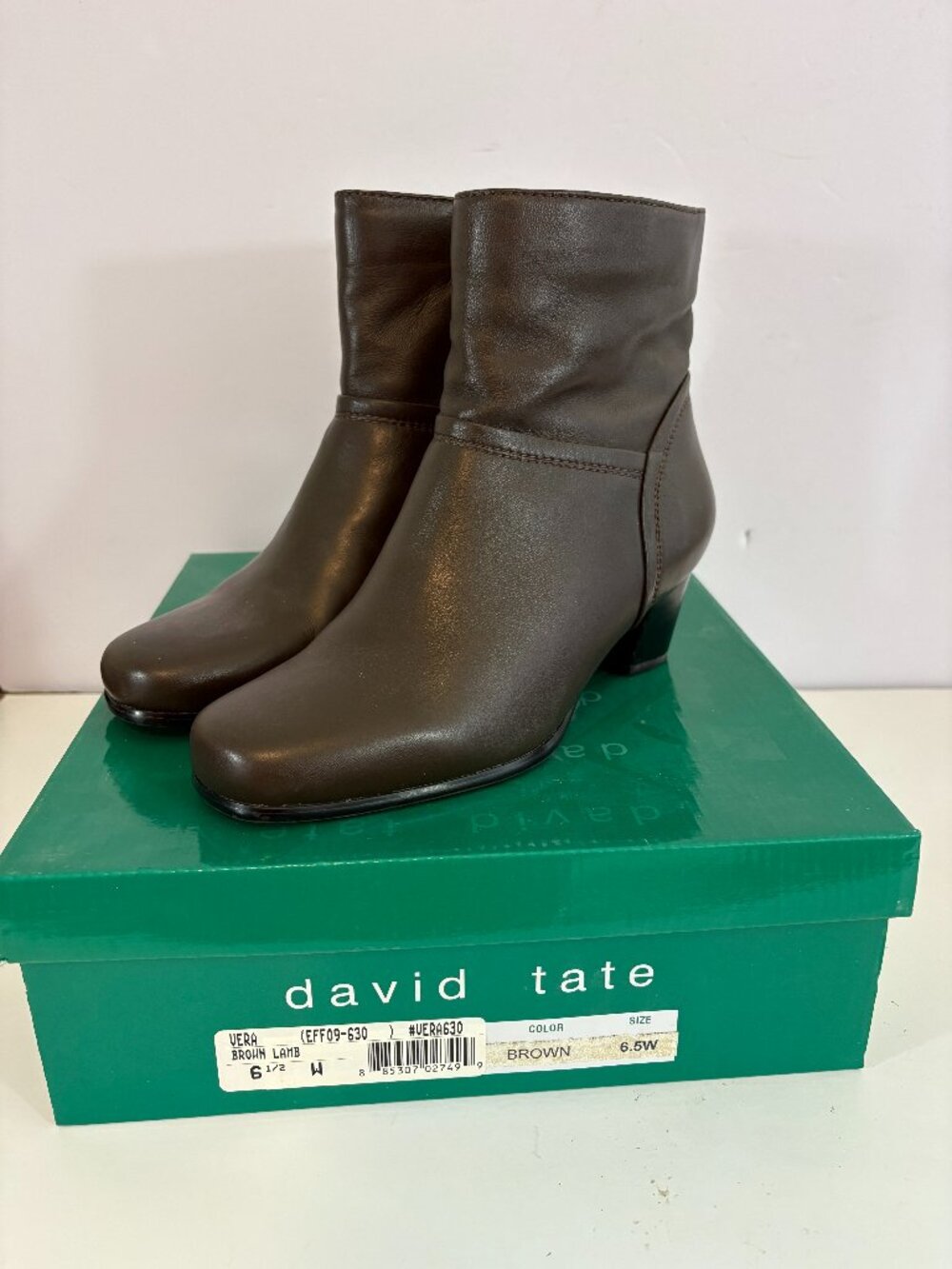 David Tate Vera Brown Lamb Mid Calf Zip Heeled Boots 6.5 Wide
